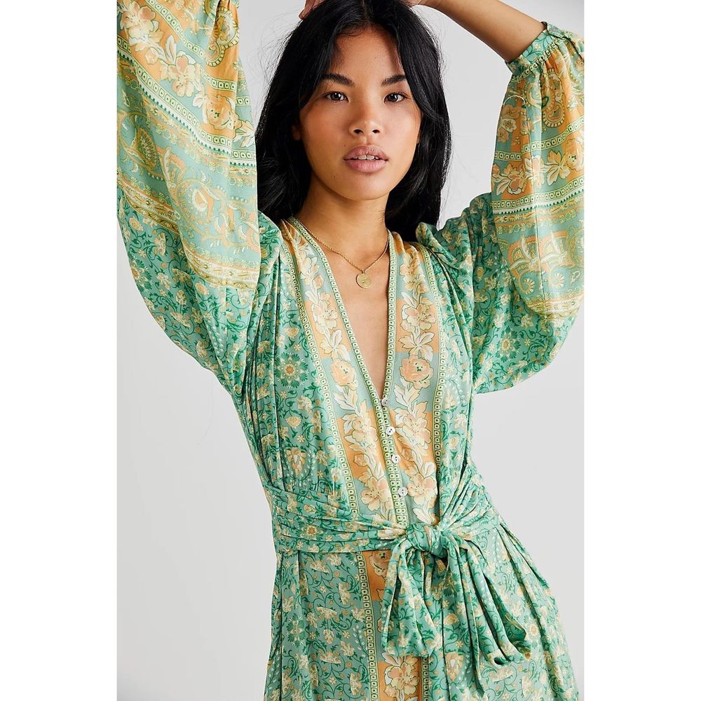 Free People Spell Emerald Madame Peacock Button Through Gown NWT Size Large - Picture 3 of 3